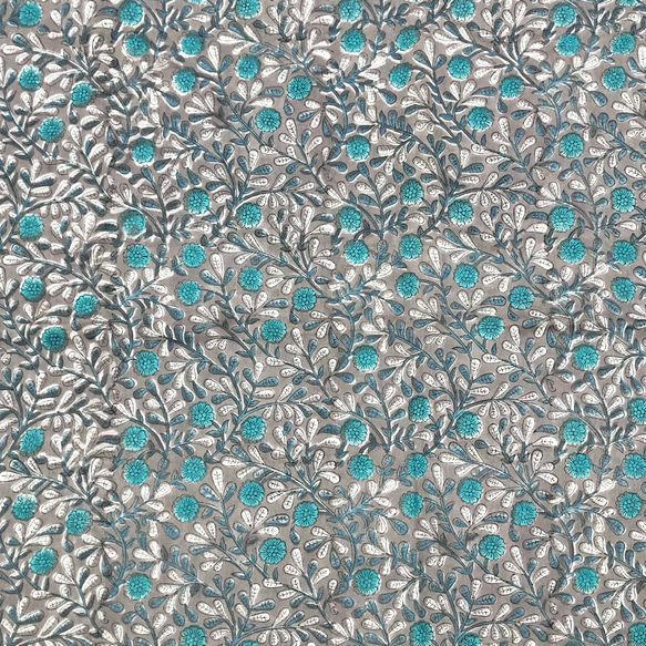 【50cm單位】灰綠色藍花印度手工塊印花布料棉質 第5張的照片