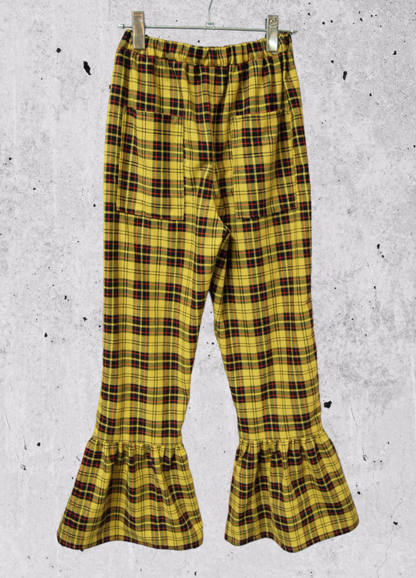 タータンチェック　裾フリル　フレアパンツ:yellow 3枚目の画像