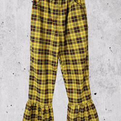 タータンチェック　裾フリル　フレアパンツ:yellow 1枚目の画像