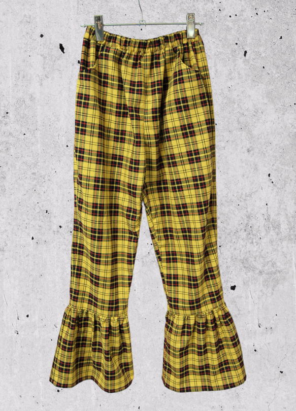 タータンチェック　裾フリル　フレアパンツ:yellow 1枚目の画像