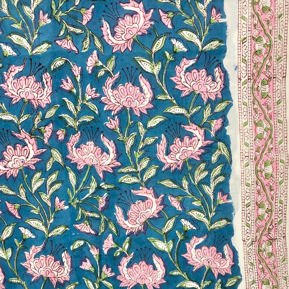 【50cm單位】海軍粉紅花朵單耳圖案印度手工塊印花布料棉質 第1張的照片