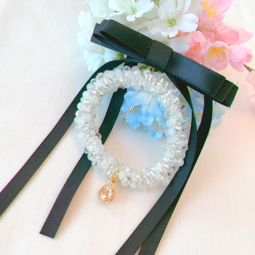 セット】 細リボン の ポニーフック と ビーズシュシュ のセット