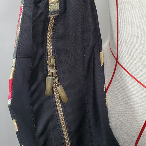 Lサイズ☆あずま袋【帯リメイク】亀甲柄×シワ黒合皮 #帯×合皮 Lサイズ☆あずま袋【帯リメイク】亀甲柄×シワ黒合皮 #帯×合皮