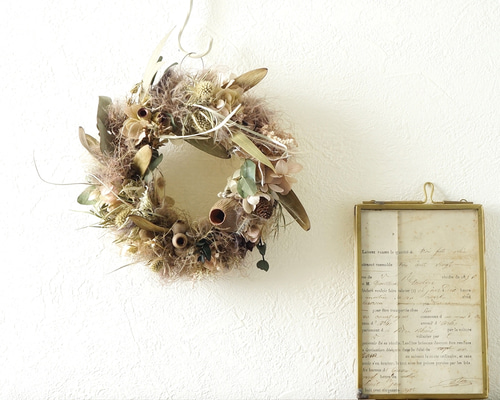 スモークツリーとピンクベージュ紫陽花のリース リース atelier