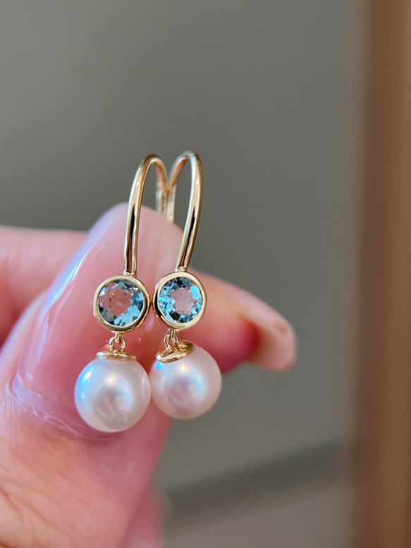 高級】あこや真珠 アクアマリン付きピアスk18 ピアス（フック