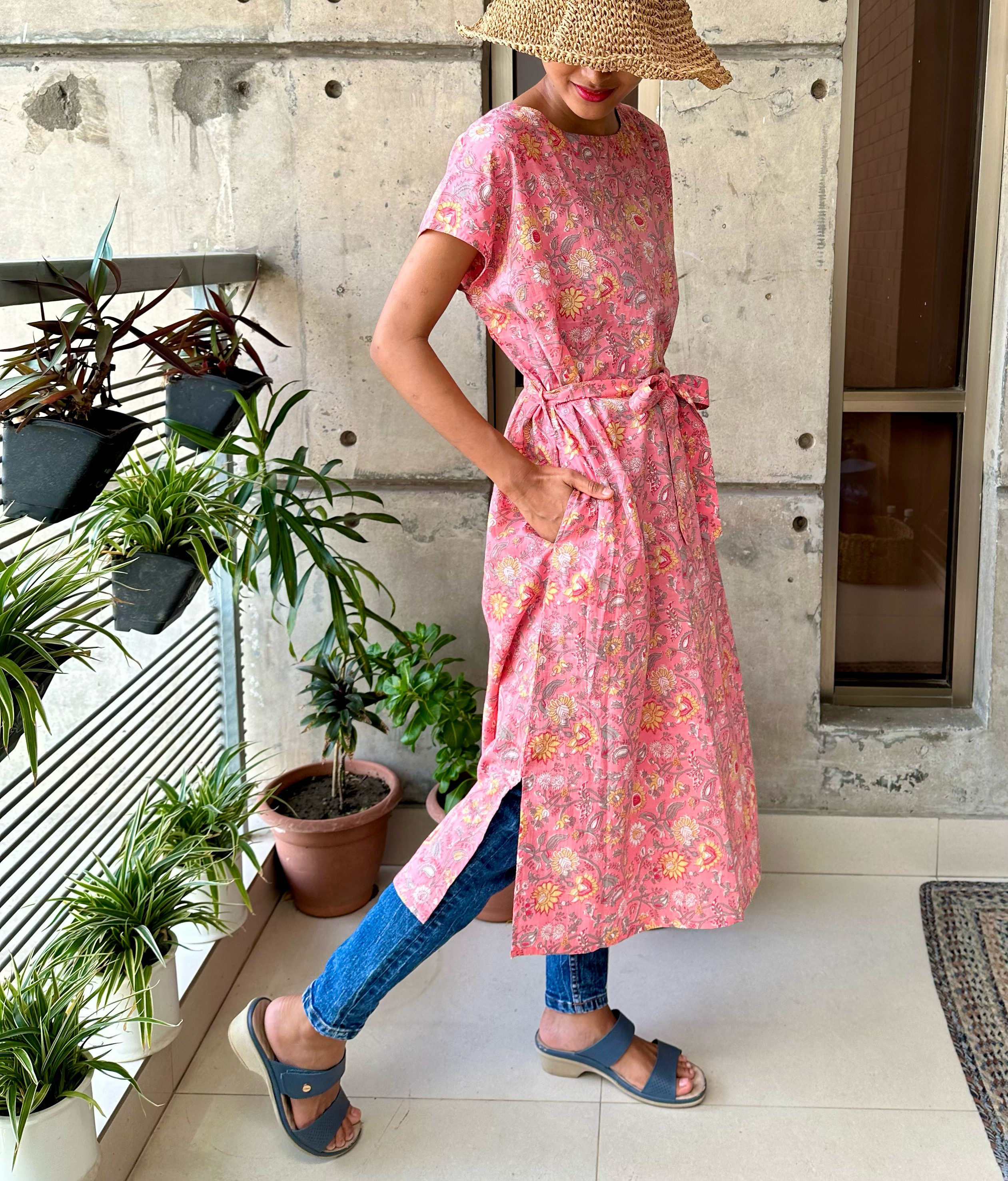 サイドスリット入りリボンワンピース<インド綿>