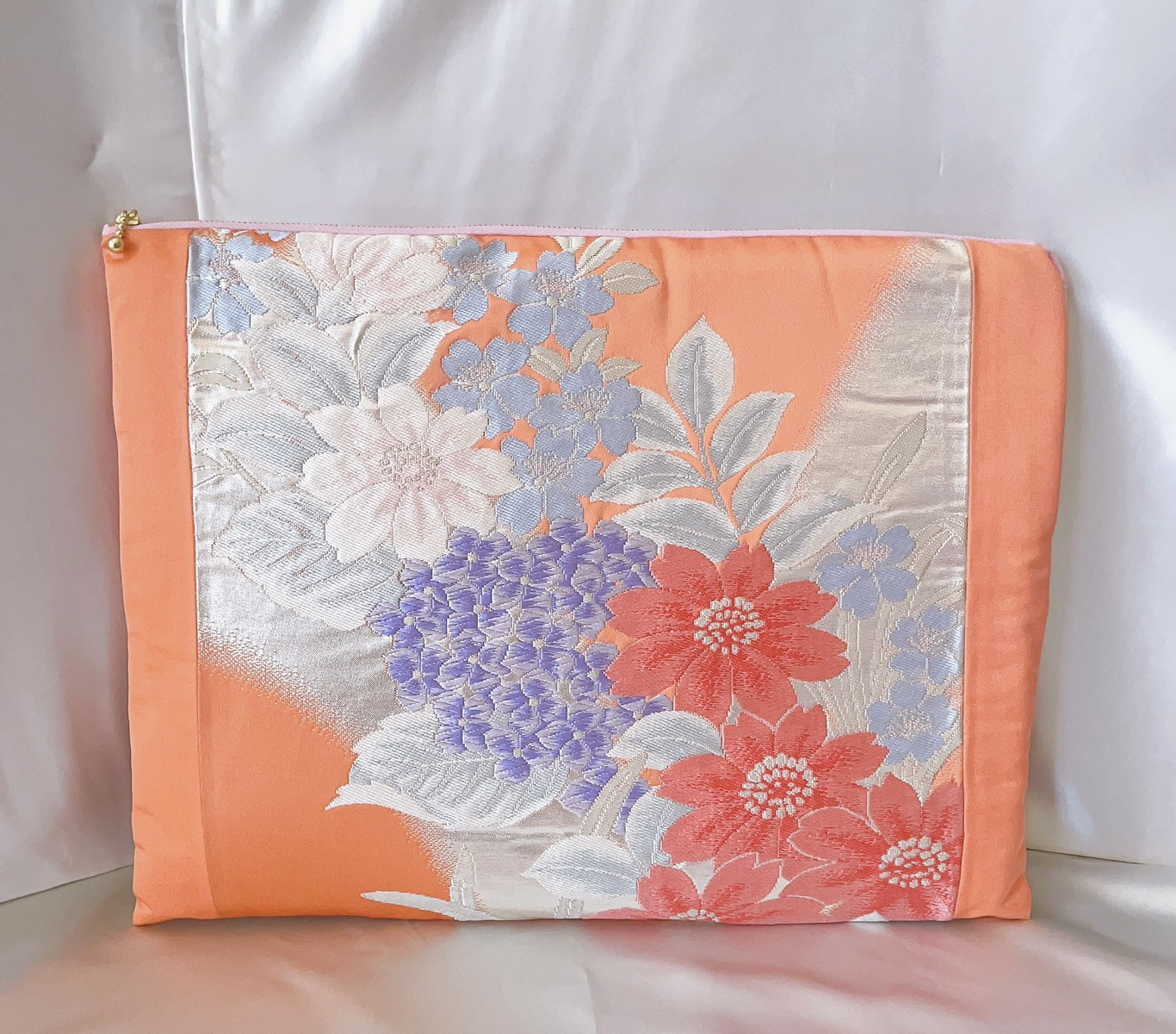 PCバッグ　13インチまでOK！　帯リメイク　ピンク　紫陽花　芙蓉　クラッチ　A4　バッグinバッグ