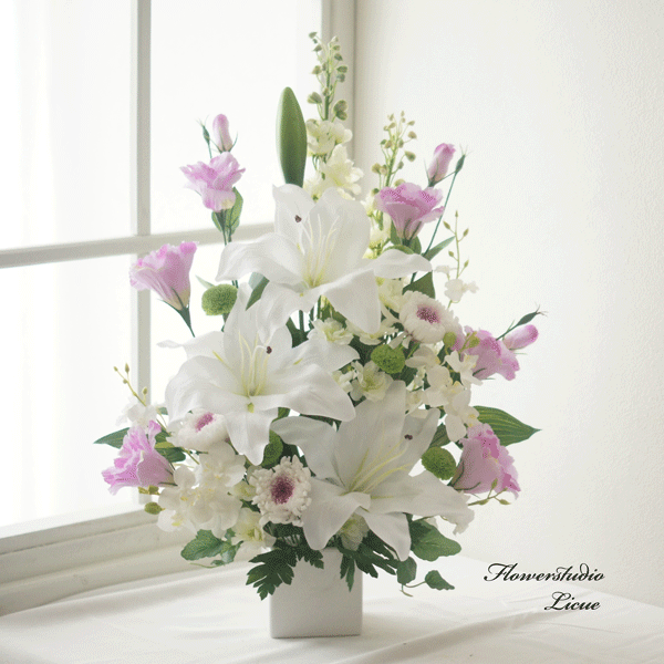 【仏花】高さ60㎝　カサブランカと輪菊と胡蝶蘭の特大仏花(紫）　初盆の贈り物に