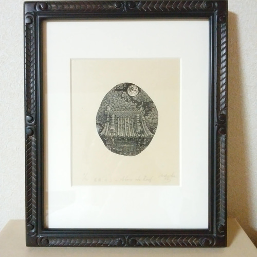 屋根の上の 木口木版 画 Above the Roof, Wood engraving print 版画