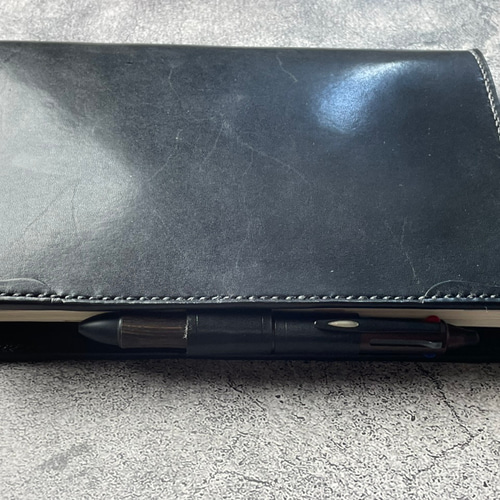 手縫】ほぼ日手帳カズンA5用ブラック黒本革手帳カバー（角花飾