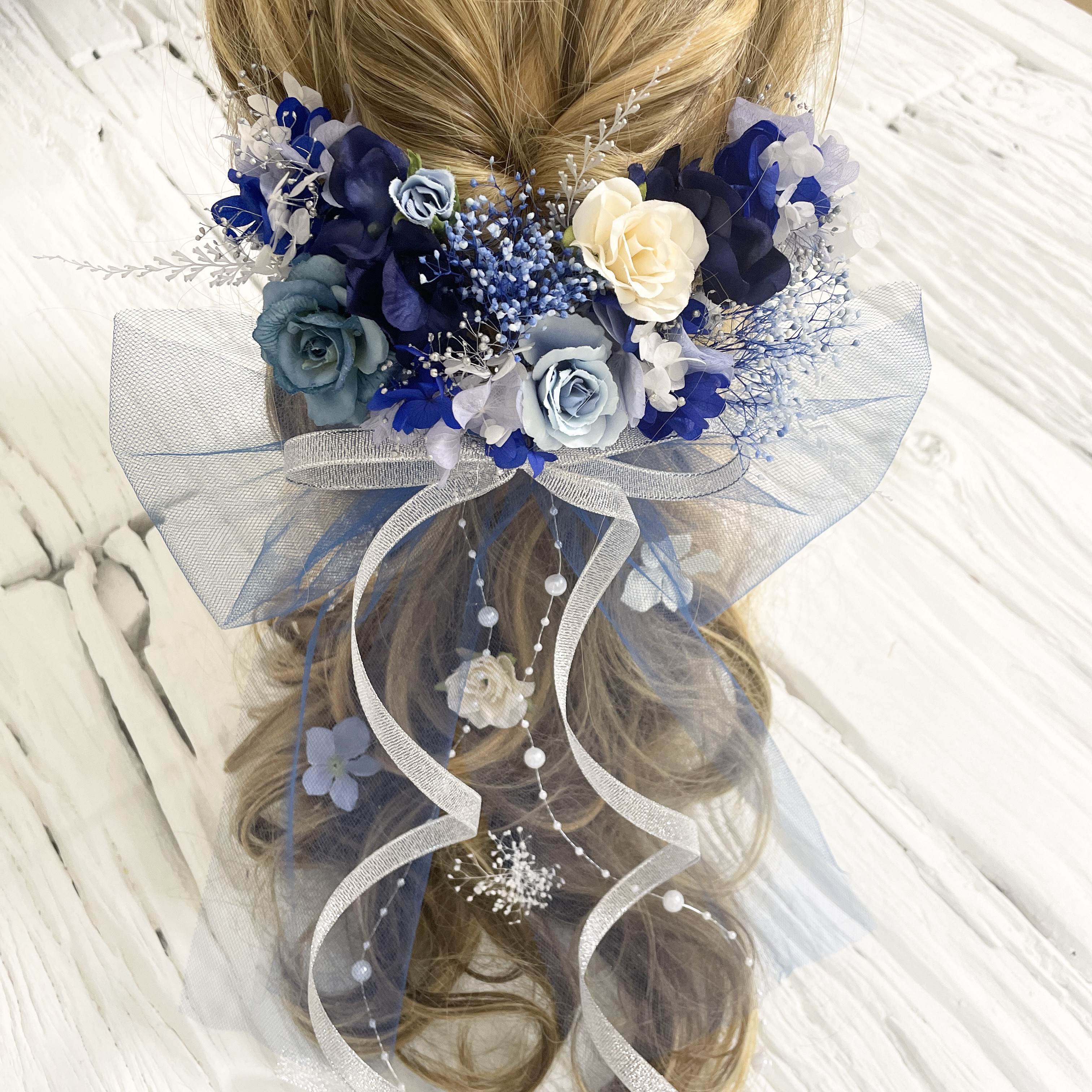 ブーケの様な髪飾り　ブルー×シルバー