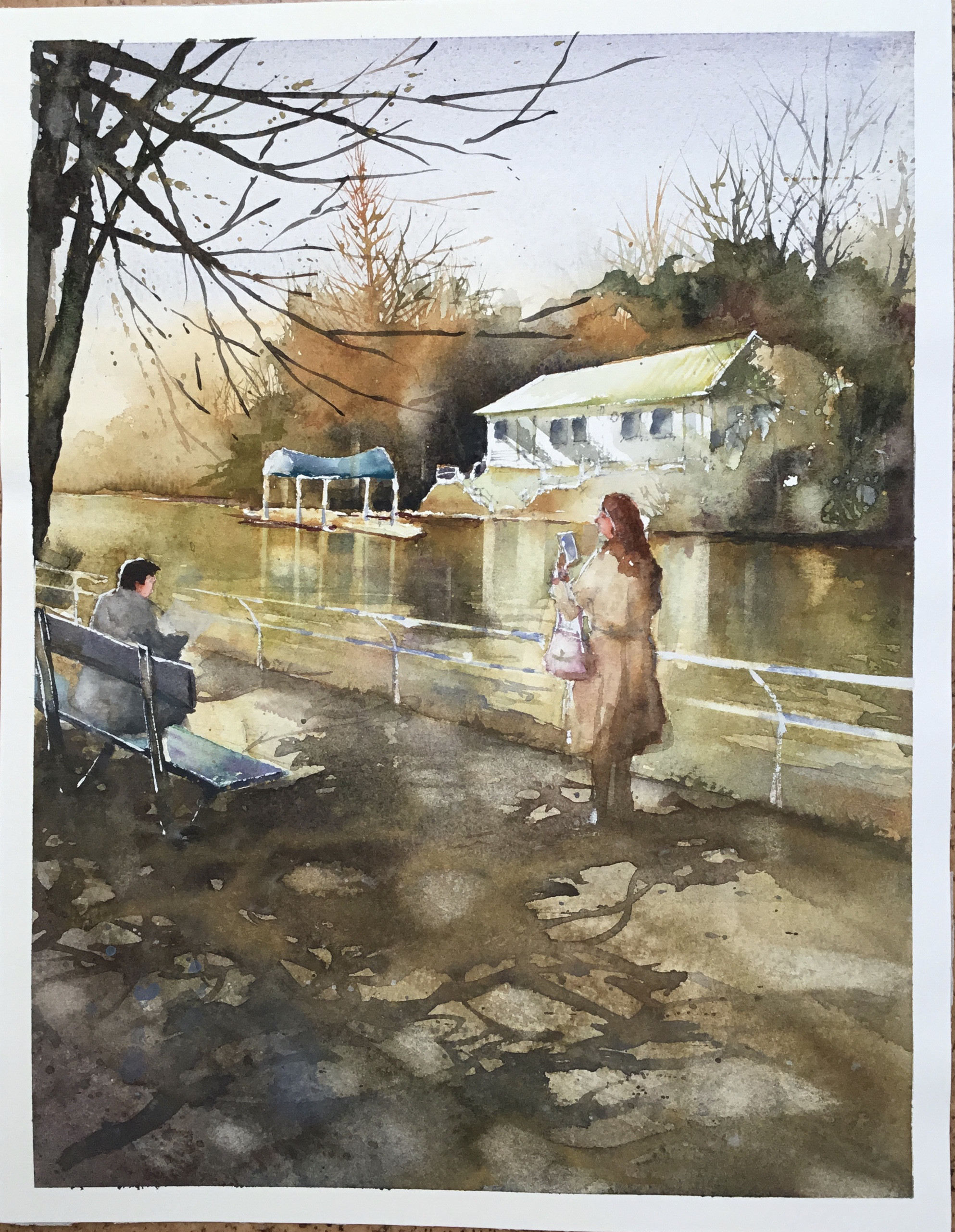 大人気定番商品 公園 東京 武蔵関公園 散歩 原画 手描き 水彩画 女性 木漏れ日 絵画