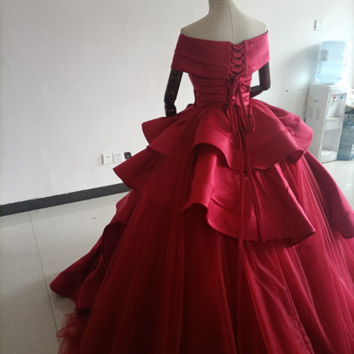 カラードレス 赤 オフショル プリンセスライン 2次会 挙式 謝恩会  