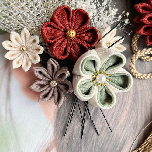 受注制作】92 和装 髪飾り つまみ細工 くすみカラー 結婚式 成人式