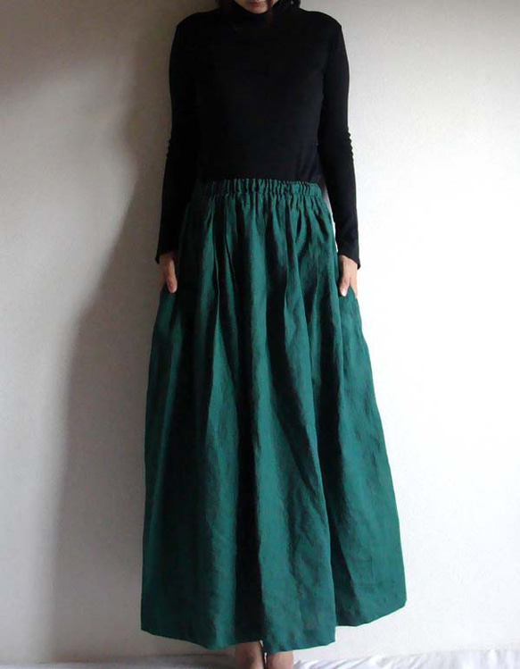 リネン　エメラルドグリーンのスカート 3枚目の画像