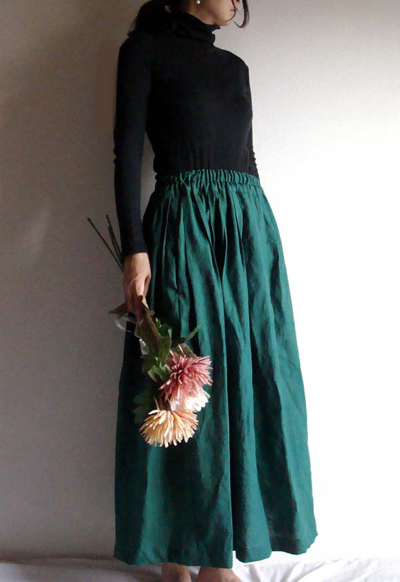 リネン　エメラルドグリーンのスカート 2枚目の画像
