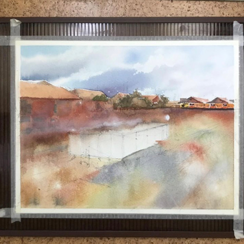 五井駅 小湊鐵道 千葉 青空 鉄道 線路 貨車 水彩画 手描き 原画 絵画