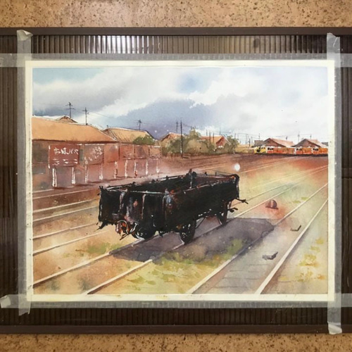 五井駅 小湊鐵道 千葉 青空 鉄道 線路 貨車 水彩画 手描き 原画 絵画