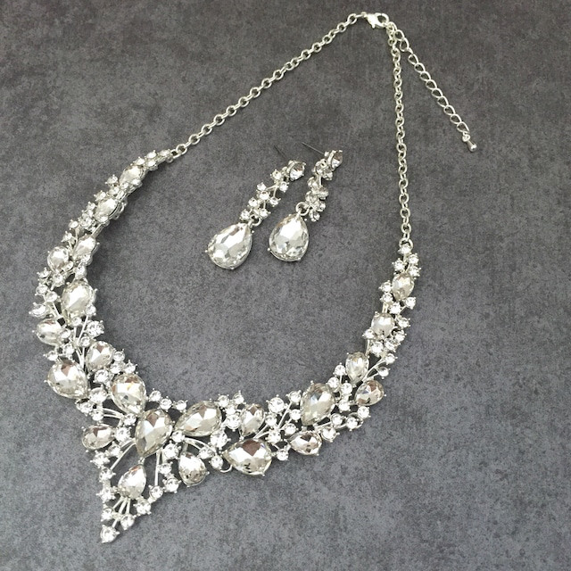 silverブライダルネックレス&ピアスセット ブライダル ウエディングアクセサリー お花