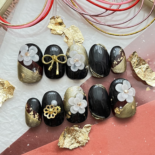 振袖ネイルチップ◇色変更可◇サイズオーダー/黒ネイル/黒