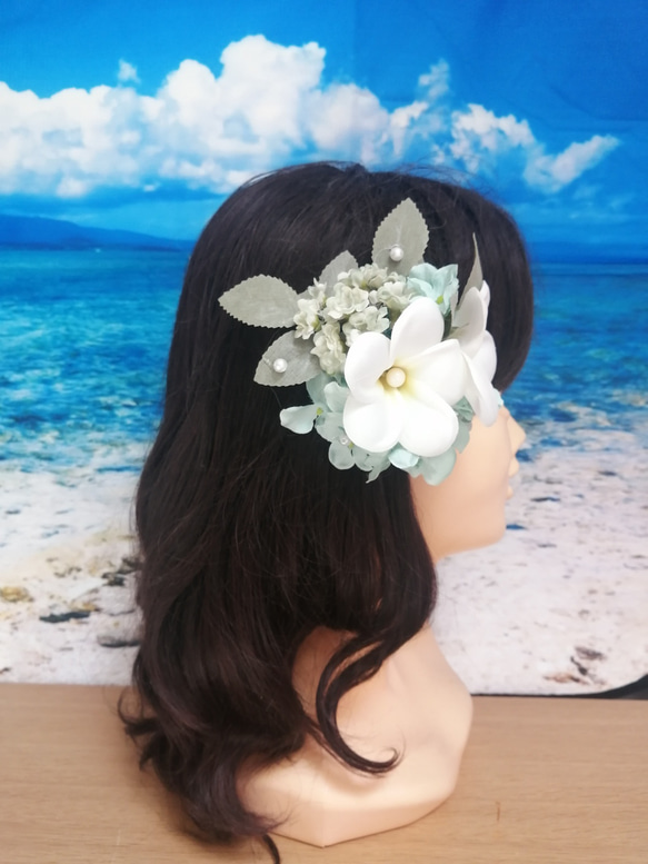 プルメリアの髪飾り　Wedding 　コサージュ　浴衣にも　ブルーグリーン　紫陽花　　真珠 3枚目の画像