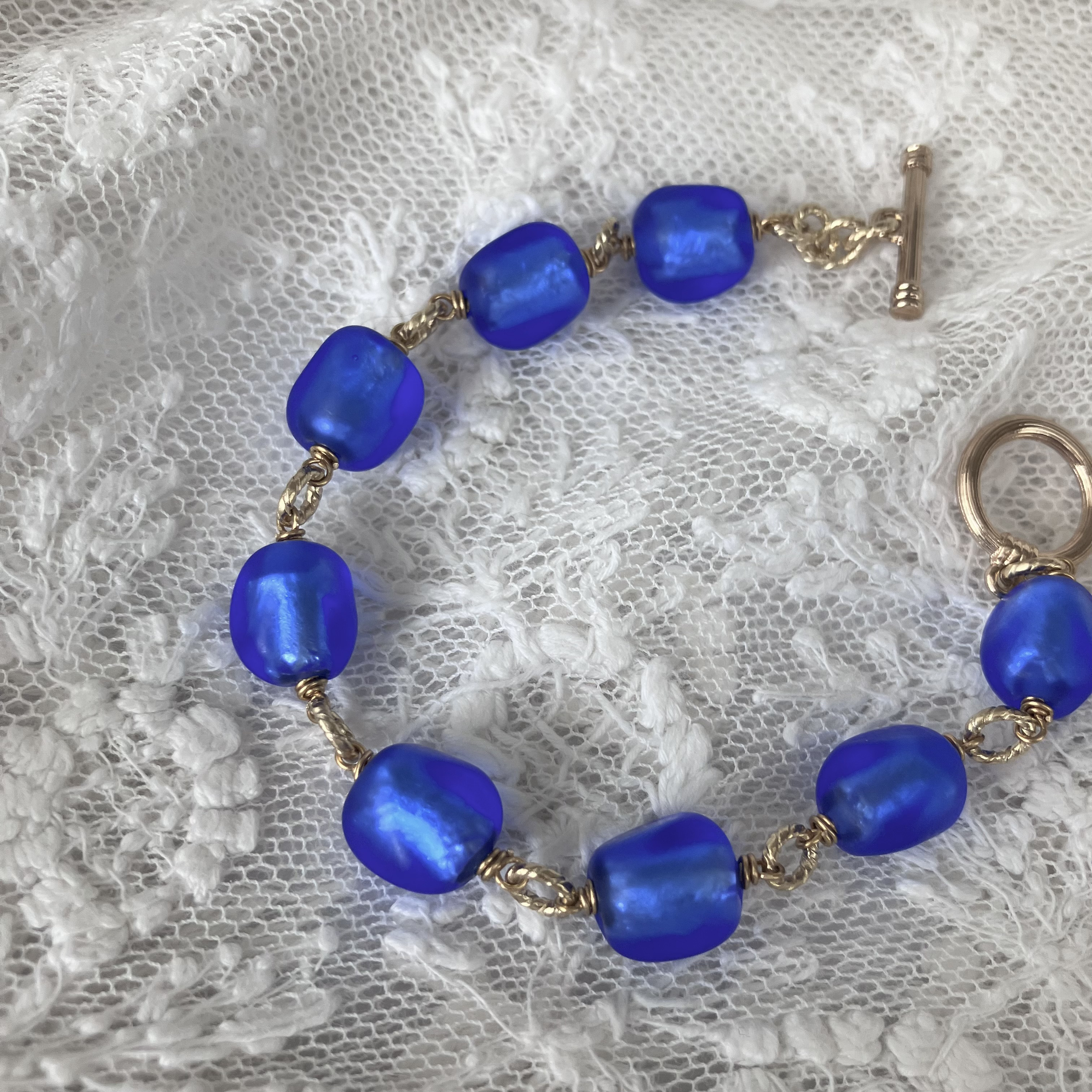 シルバーブルー銀箔のヴィンテージビーズのブレスレット☆一点もの