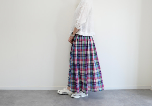 播州織チェックギャザーリネンスカート ピンク ロングスカート
