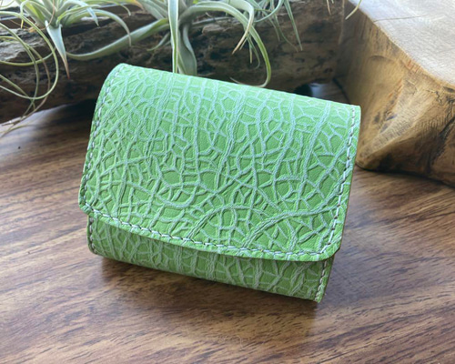 【エテ二朗】メロン型押しレザー 名刺入れ＆L字ファスナー財布　手縫い　本革 エテ二朗様専用】メロン型押しレザー 名刺入れ＆L字ファスナー