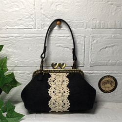 受注製作』サークルレース☆黒＆水☆あおり付きがま口バッグ がま口 A