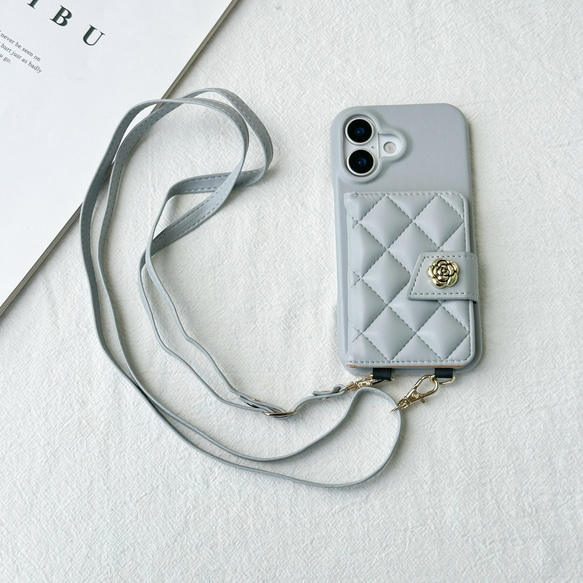 Dior iPhoneケース グレー キルティング キルティング iphone17 16 15 14 ケース ショルダー 大人可愛い galaxy