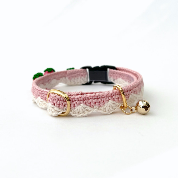 いちご　猫さんにやさしい首輪【かぎ針編み　猫の首輪　猫　首輪　セーフティバックル　アジャスター　軽い　やわらかい】 16枚目の画像