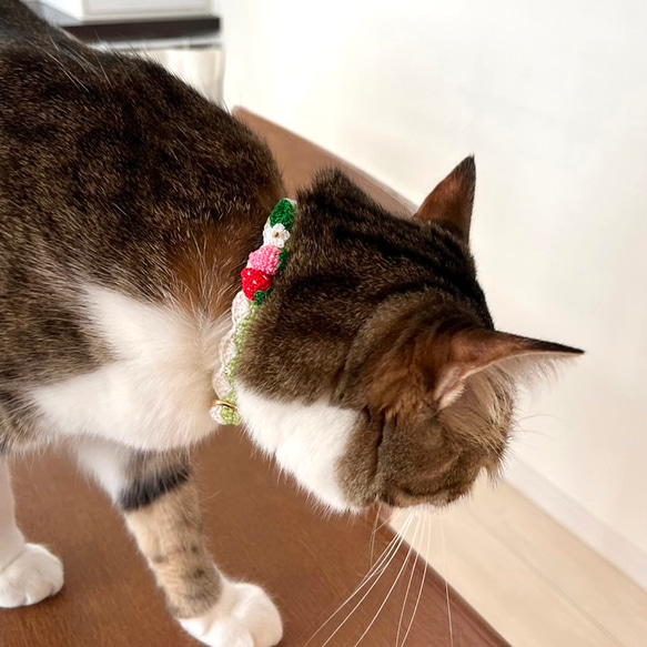 いちご　新色　猫さんにやさしい首輪【かぎ針編み　猫の首輪　猫　首輪　セーフティバックル　アジャスター　軽い　やわらかい】 7枚目の画像
