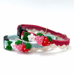 いちご　新色　猫さんにやさしい首輪【かぎ針編み　猫の首輪　猫　首輪　セーフティバックル　アジャスター　軽い　やわらかい】 1枚目の画像