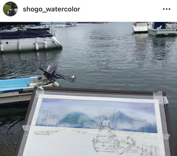 長浜ヨットハーバー　海　沼津　ヨット　クルーザー　空　スケッチ　水彩画　手描き　原画　旅行 