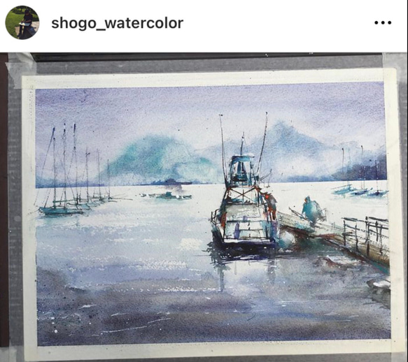 長浜ヨットハーバー　海　沼津　ヨット　クルーザー　空　スケッチ　水彩画　手描き　原画　旅行 