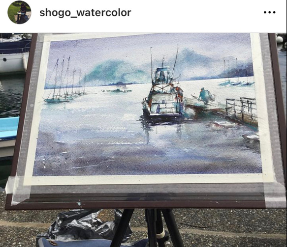 長浜ヨットハーバー　海　沼津　ヨット　クルーザー　空　スケッチ　水彩画　手描き　原画　旅行 