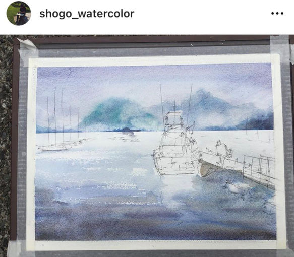 長浜ヨットハーバー　海　沼津　ヨット　クルーザー　空　スケッチ　水彩画　手描き　原画　旅行 4枚目の画像