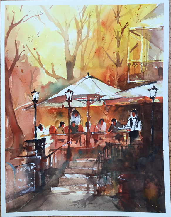 公園の夜」 手描き 油絵 風景画 原画 美術品・アンティーク