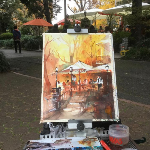 日比谷公園 東京 日比谷 秋 カフェ パラソル 人 街灯 水彩画 手描き