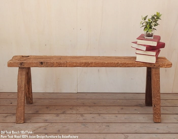 一点物 オールドチーク スツール 116cm 木製 ベンチ 木 おしゃれ 総無垢材 一枚板 アジアン家具 長椅子 天然木