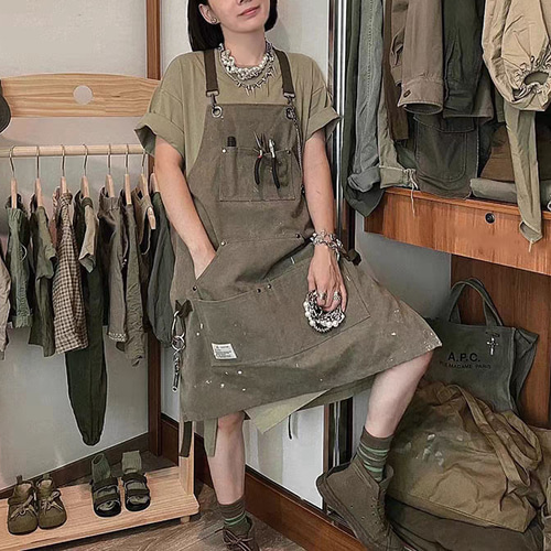 グリーン キャンパスPU バックストラップ ロングエプロン レディース