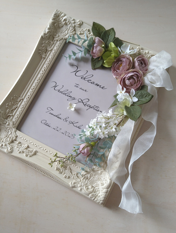 結婚式 花 ウェルカムボード（アンティークホワイトフレーム&モスピンクローズ）ウェディング フラワーボード おしゃれ 3枚目の画像