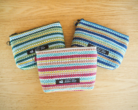 夏色マルチカラー手織り布のファスナーポーチ（3色） 1枚目の画像