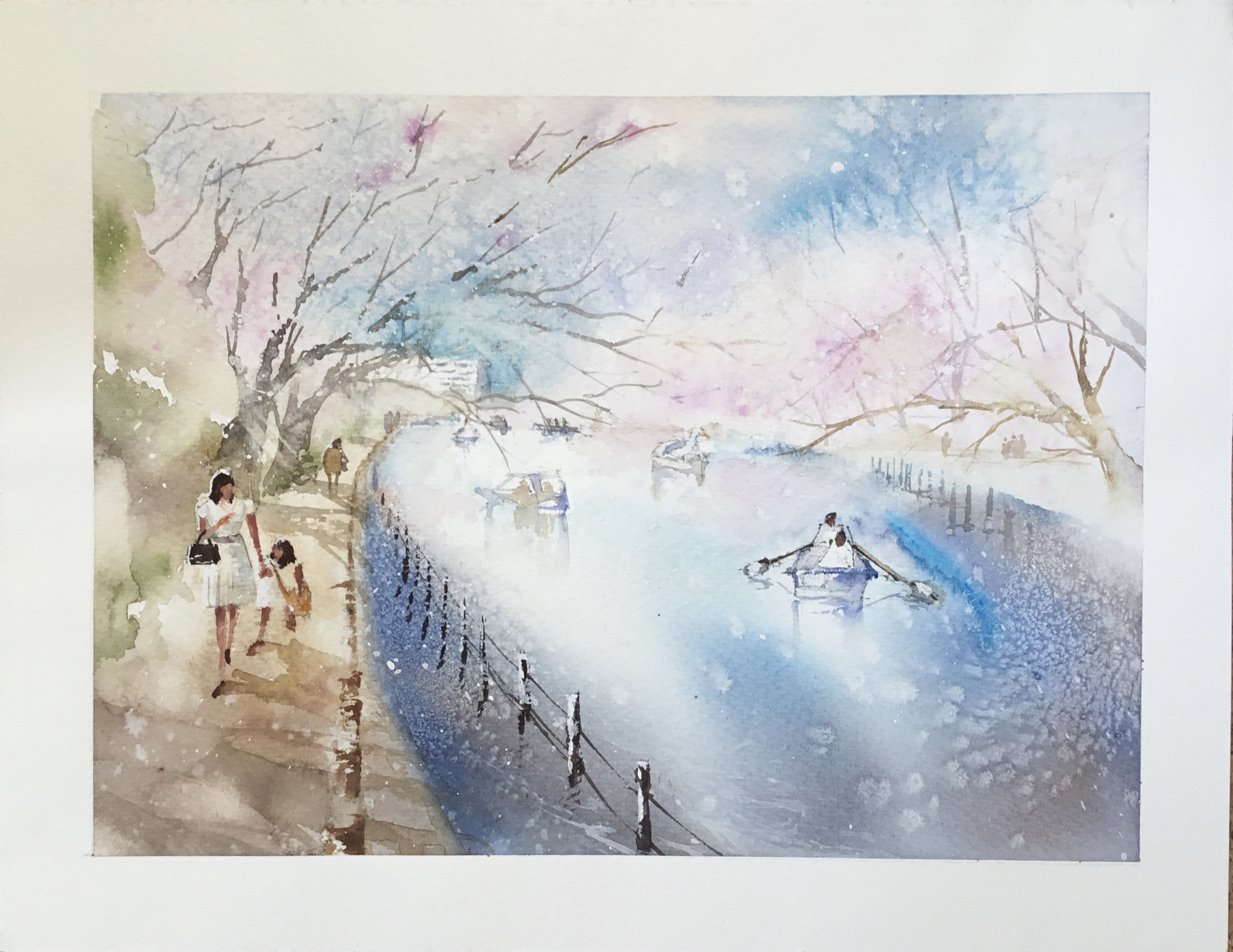 風景画 水彩画 親子の公園散歩
