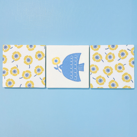 【送料無料】ファブリックパネル　北欧小鳥刺繍&イエローアネモネ　15×15cm 3枚セット 2枚目の画像
