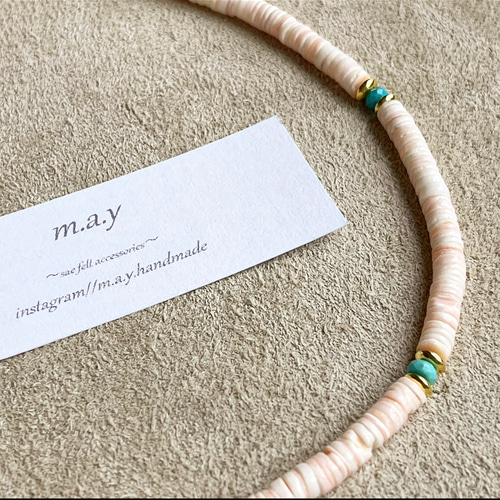 14kgf*ピンクシェルとターコイズのボヘミアンチョーカーネックレス  