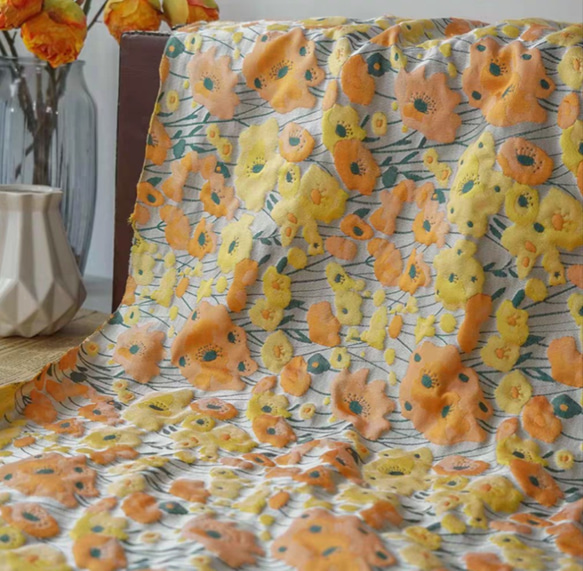 ジャガード ポップ カラフル 生地 レトロ 花柄 イエロー オレンジ 生地