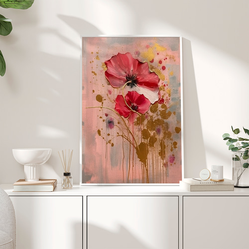 ピンク オレンジ 抽象画 北欧 お花 花 夕日 夕暮れ モダンアートおしゃれ