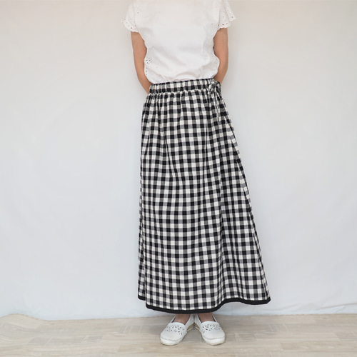 45R コットンリネンの縮絨ギンガムチェックスカート フリーサイズ ブルー miniministore ロングスカートレディースギンガムチェック