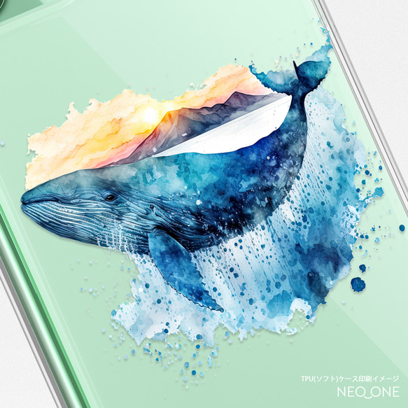 スマホケース iPhone Android クジラ くじら 鯨 ユニセックス 名入れ【朝焼けの空 ブルーホエール 】 6枚目の画像